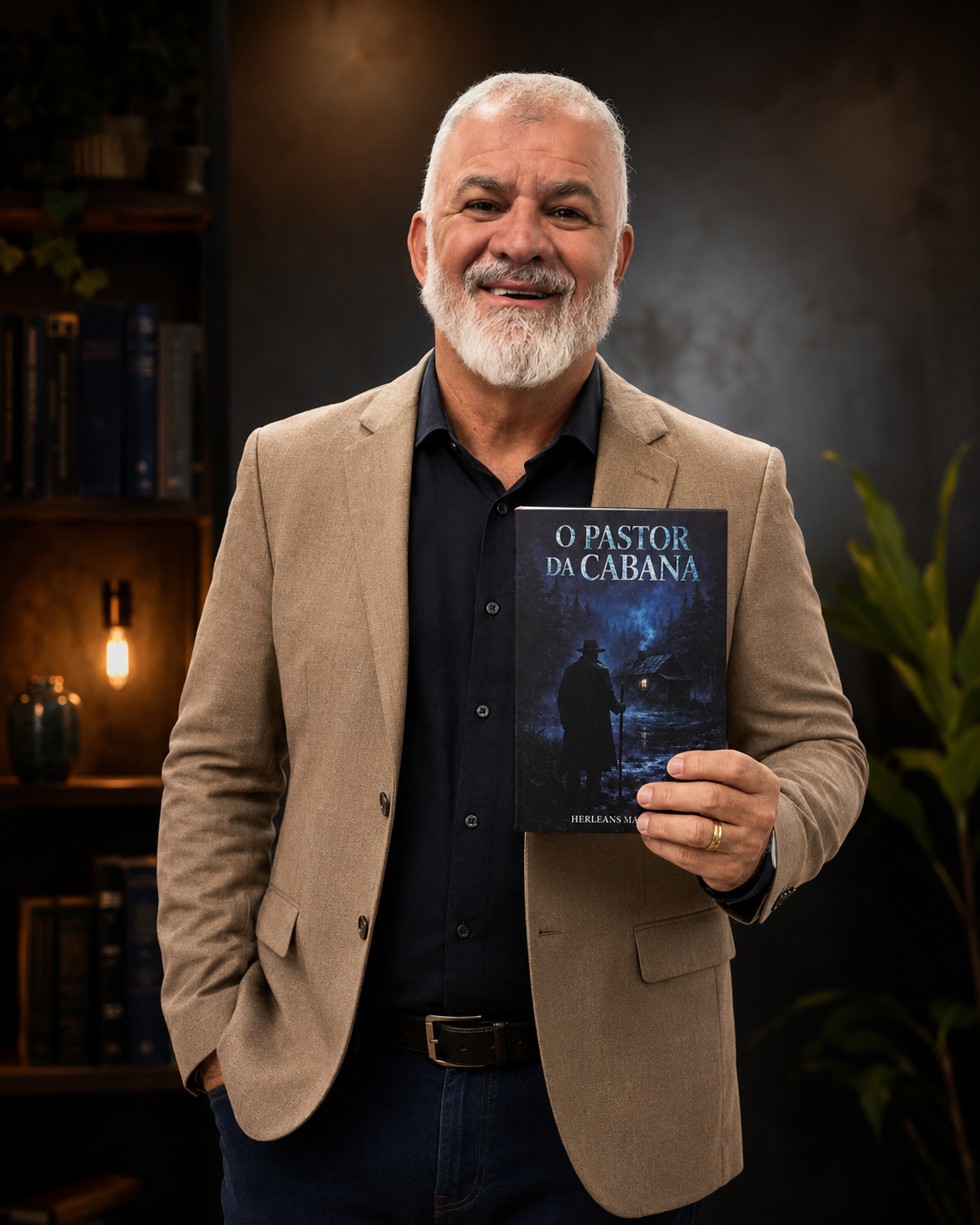 Pastor Tilica sorrindo, segurando o livro O Pastor da Cabana